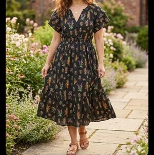 ModCloth Cottagecore Black Floral 100% Cotton Midi Dress Size M